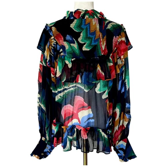 Farm Rio Smocked Ruffle Blouse Black Multi Long Sleeve S - Picture 8 of 13